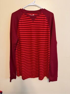 LG Men's Red and Burgundy Striped Crewneck Sweater